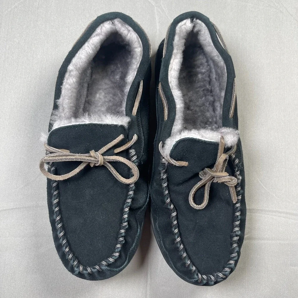 L.L.Bean Wicked Good Men's 11M Black Suede Shearling Moccasin Slippers